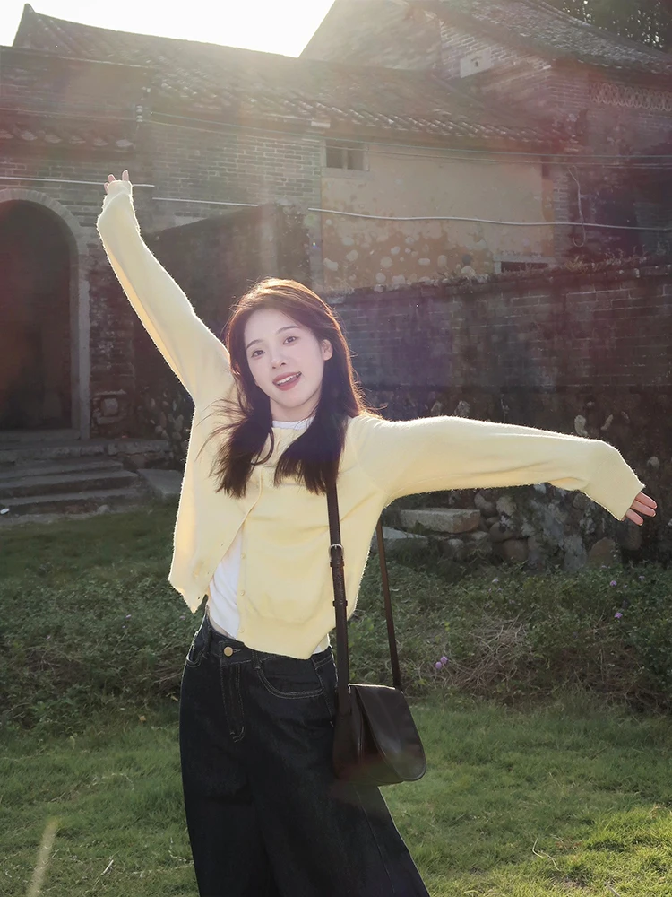 

Корейский простой вязаный свитер, женский открытый кардиган, ленивая ранняя осень, новое маленькое весенне-осеннее шерстяное пальто E12064