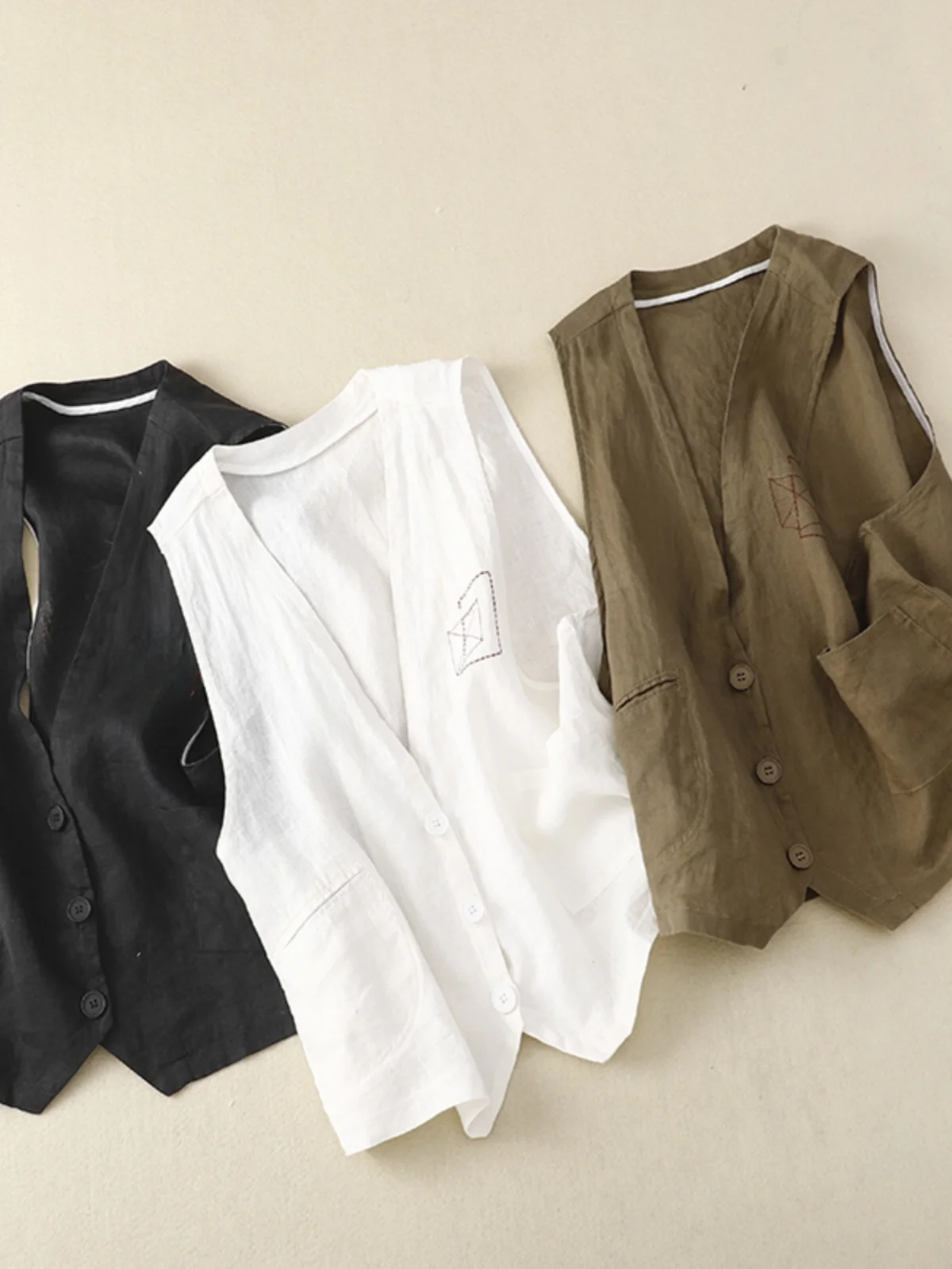 Loose Cotton Linen Vest Outerwear Women's V-neck Tank Top Sleeveless Embroidered Button Regular Length  Color Commute Style
