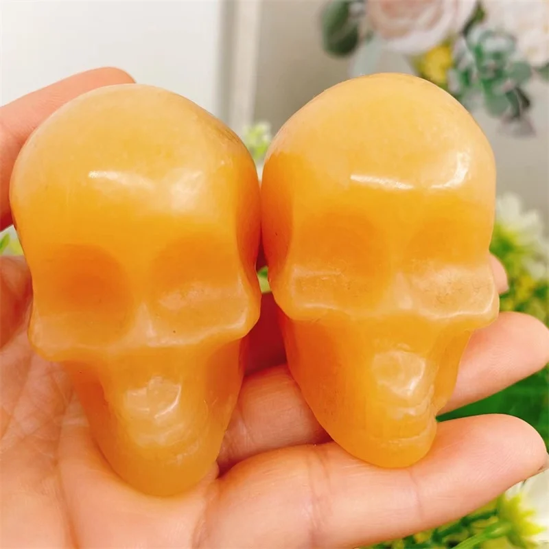 

Natural Orange Calcite Skull Mineral Carved Reiki Healing Gift Crafts Feng Shui Home Decoration Stone Statues 1pcs