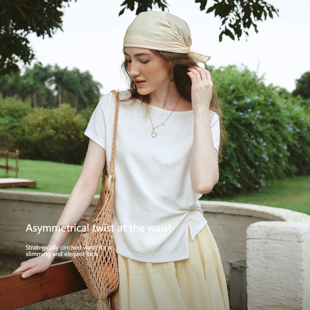 OLrain White Cotton Short Sleeve Top Women 2026 Summer Crew Neck Side Knot Twist Waist Slit Hem Slim Daily T-shirt O58XT001539