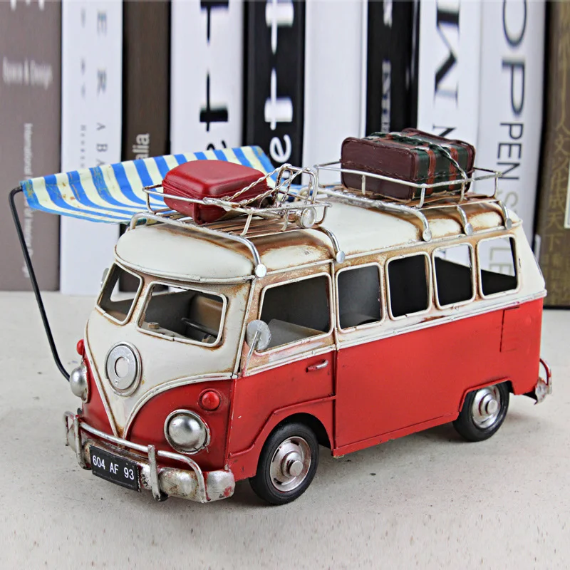 Nostalgic Vintage Bus Model Metal Car Figurines With Canopy Home Decoration Ornaments Desktop Decor Kids Toys