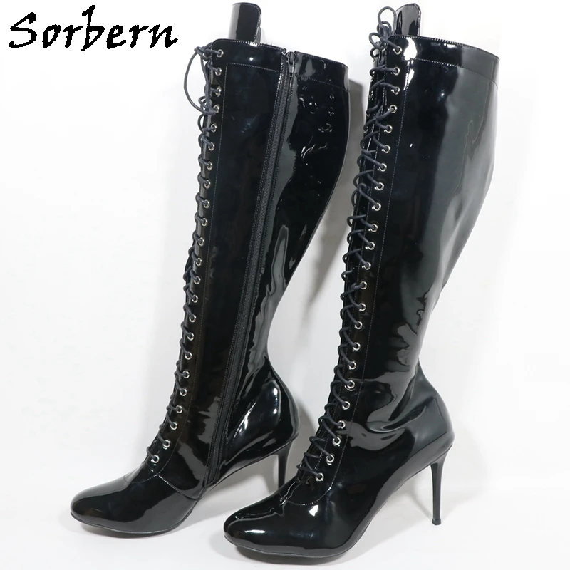 Sorbern Unisex High Knee High Boots Women 10cm Heels Round Toe Stilettos Large Size EU34-48 Lace Up Made-to-order