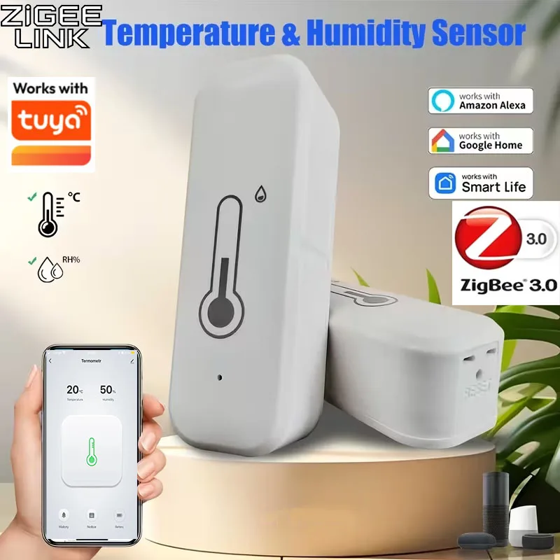 Tuya Zigbee 3.0 Kabelloser Temperatur- und Feuchtigkeitssensor, Intelligenter Feuchtigkeitsdetektor, APP-Überwachung, Sprachsteuerung, Alexa und Google Assistant kompatibel