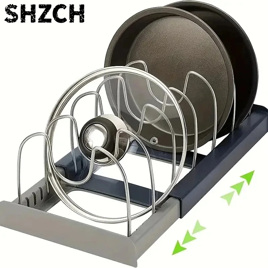 Kitchen Storage Solution Expandable Stainless Steel Rack for Pan Pot Lid Cutting Board Dish Drying Cookware Organizer