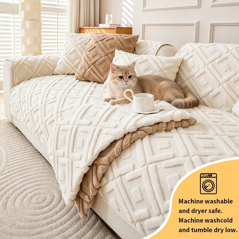 1PC-Checkered sofa cushion, plush skin friendly sofa cushion, scratch resistant, dust-proof and anti slip multifunctional
