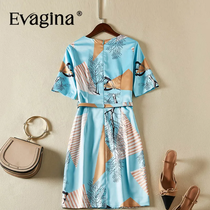 Evagina Printing Lace-UP Short-Sleeved Mini Dress 2024 Spring Summer New Women's Streetwear Sky Blue A-Line Dresses