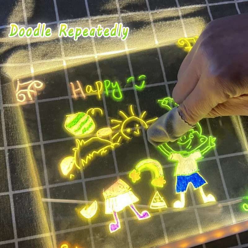 لعبة رسم تلوين السبورة LED للأطفال، ضوء سحري شفاف، سبورة فنية جرافيتي من الأكريليك، هدية عيد الميلاد