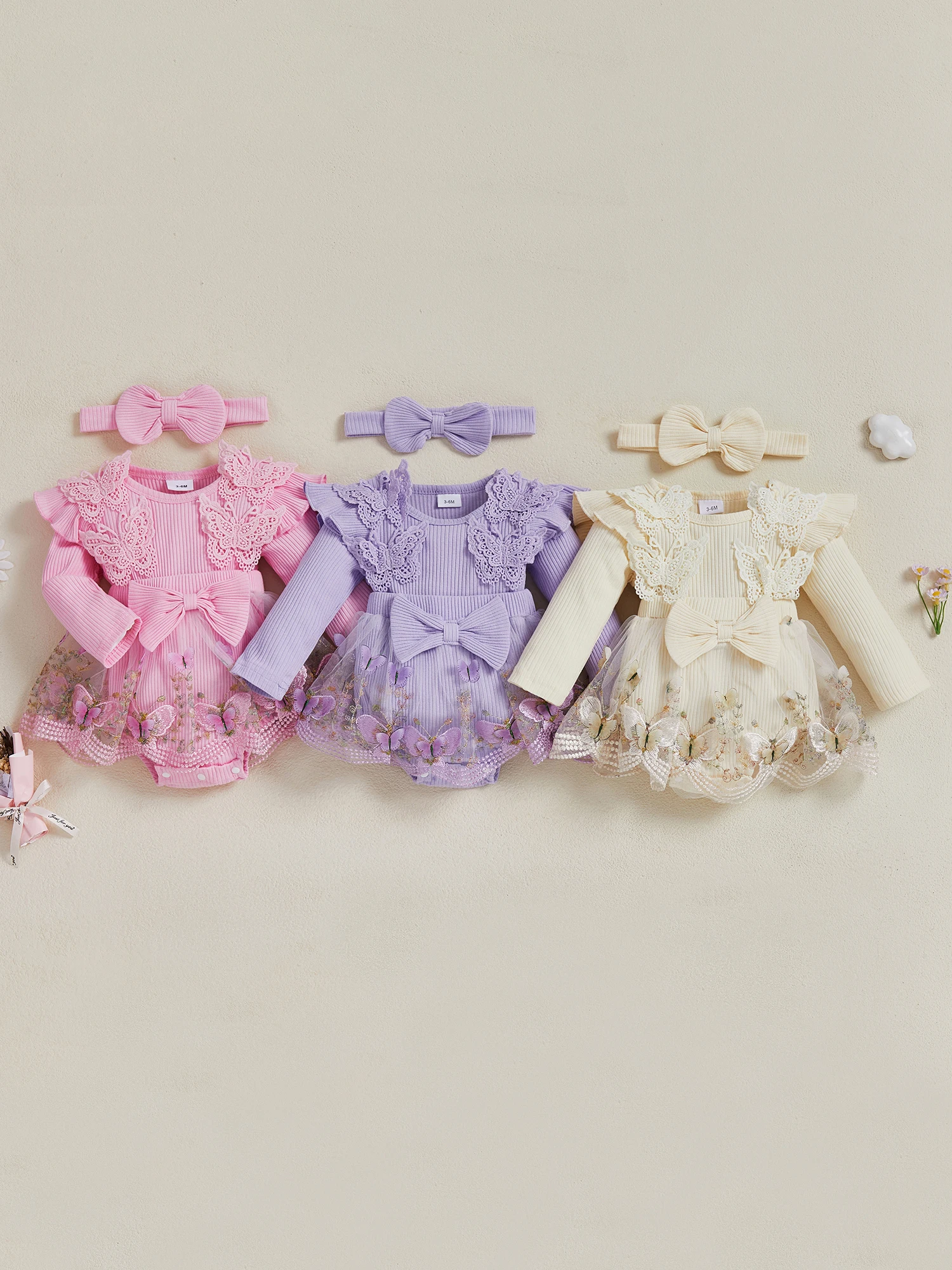 

Newborn Girl Outfit Long Sleeve Crew Neck Embroidery Butterfly A-line Romper Dress with Bowknot Headband Clothes