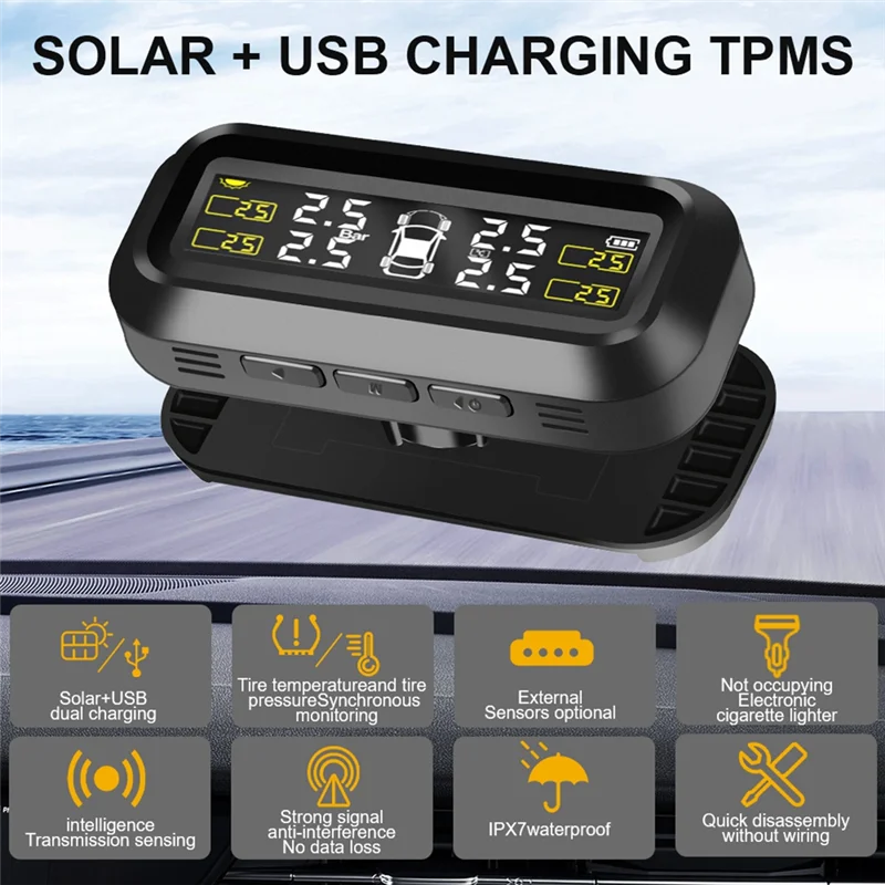 

Temperature Warning Fuel Save Tire Pressure Monitor System 4 External Sensors Solar TPMS Car Tyre Pressure Monitoring
