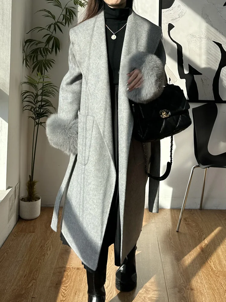 High Quality Double-sided Wool Coat Long Women Bathrobe Large Lapel Natural Fox Fur Sleeve Warm Woolen Coat Belt Autumn Winter