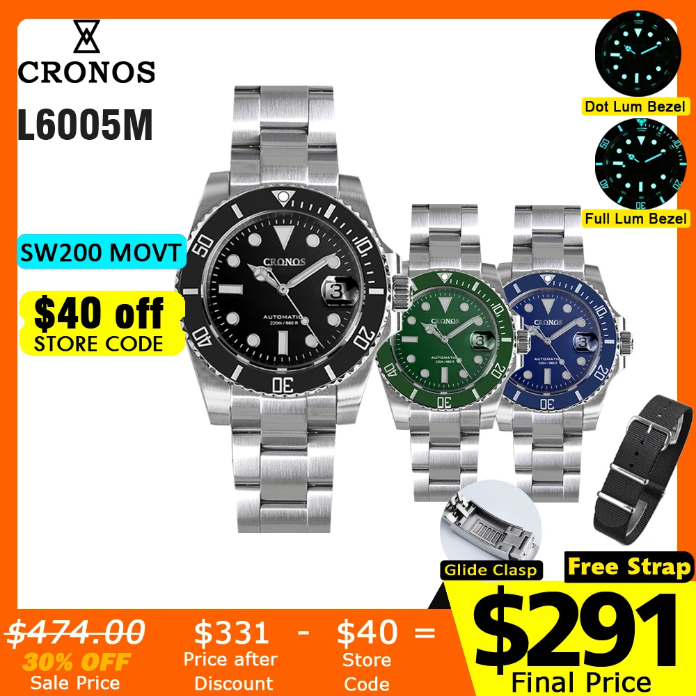 Роскошные мужские часы Cronos Sub Diver из нержавеющей стали SW200 браслет с керамической вращающейся рамкой 200 метров водостойкие Glideclasp