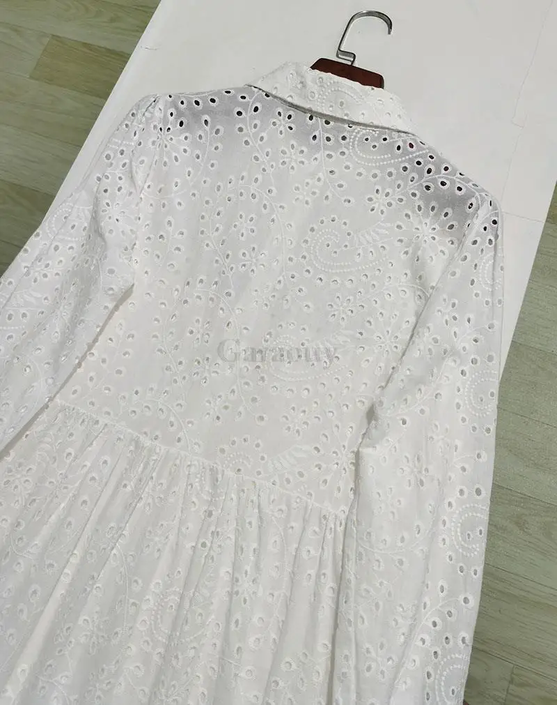 Garaouy 2023 Women Elegant Embroidered Lace Dress White Female Splicing Dress Floral Hollow Out Loose Casual Party Vestidos Robe