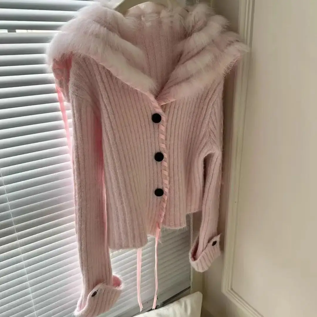 Nuevo diseño de moda de otoño cárdigan de punto para mujer Vintage solapa piel de visón Patchwork Casual ajustado suéter con cordones Top prendas de punto