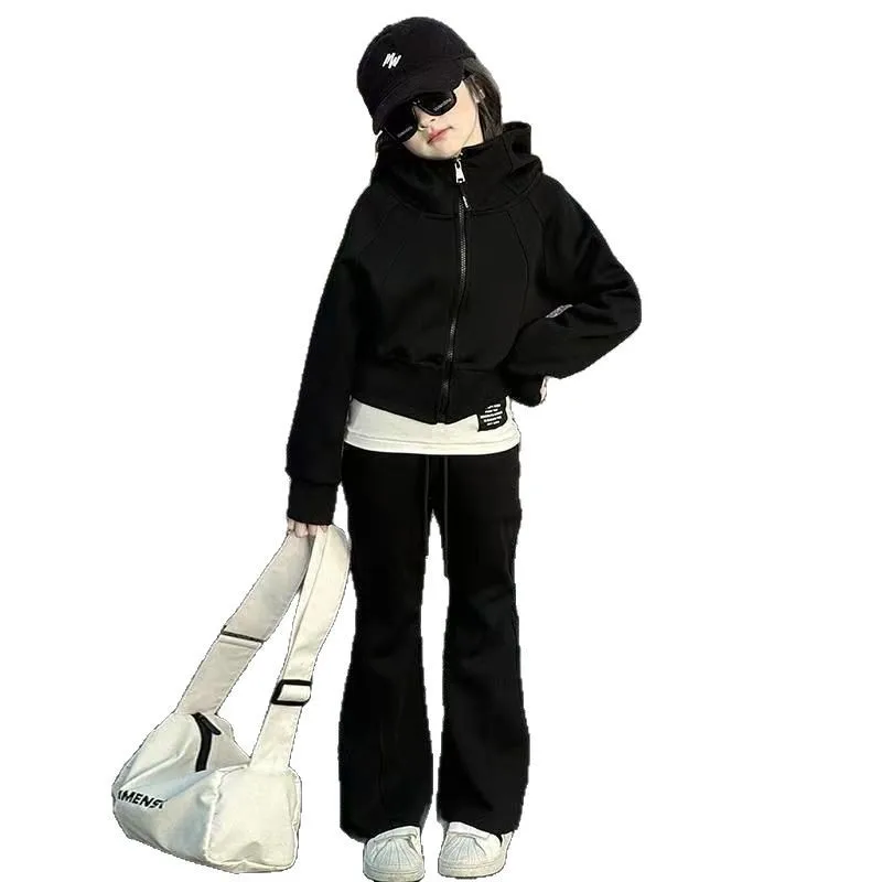 2026 autumn winter teenager kids girl Children set Clothes crop top Hooded + black Straight pants 4 6 7 8 9 10 11 12 14 15 Year 3