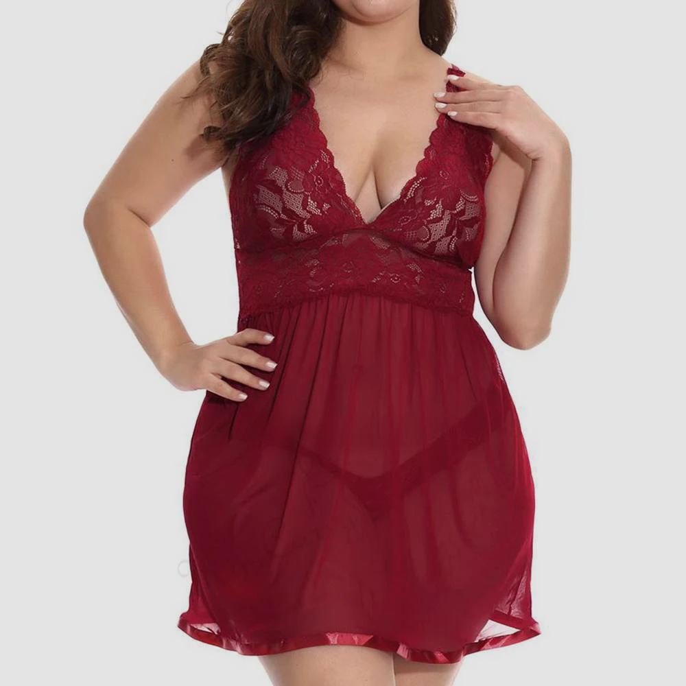 

Plus Size Erotic Lingeries Sets Womens Lace V Neck Babydoll Dress Female Sheer Mesh See Through With G-String Panties Nightdress