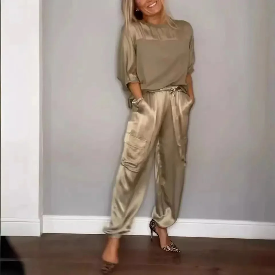 2024 neue Herbst Elegante frauen Glatte Satin Set Straße Landschaft Glatte Satin Halbe Hülse Hemd Casual Hosen Sport Zwei stück Set