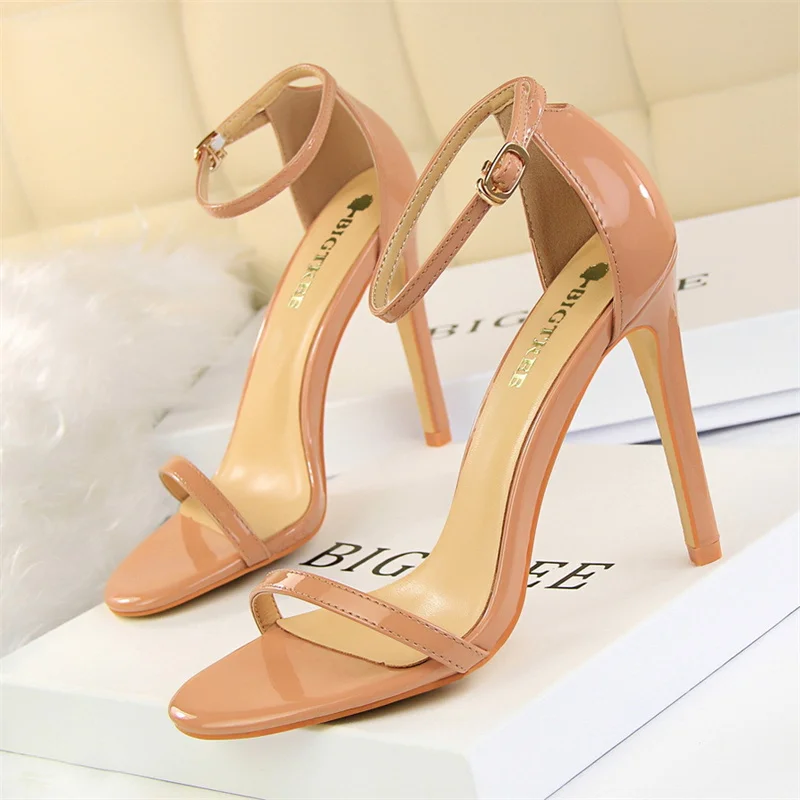 Women Fashion Patent Leather Open Toe Sandals  Red Thin High Heel Shoes Valentine Green Solid Summer Classic Sexy Pumps