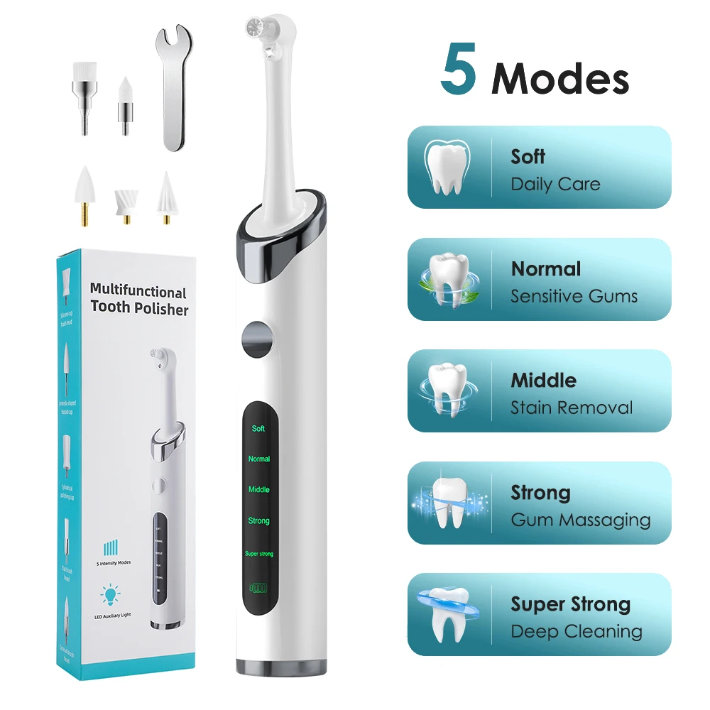 

Перезаряжаемый полировщик для зубов, электрический отбеливающий и полирующий полировщик для зубов, 5-режимный персональный очиститель для удаления зубного камня, очиститель налета
