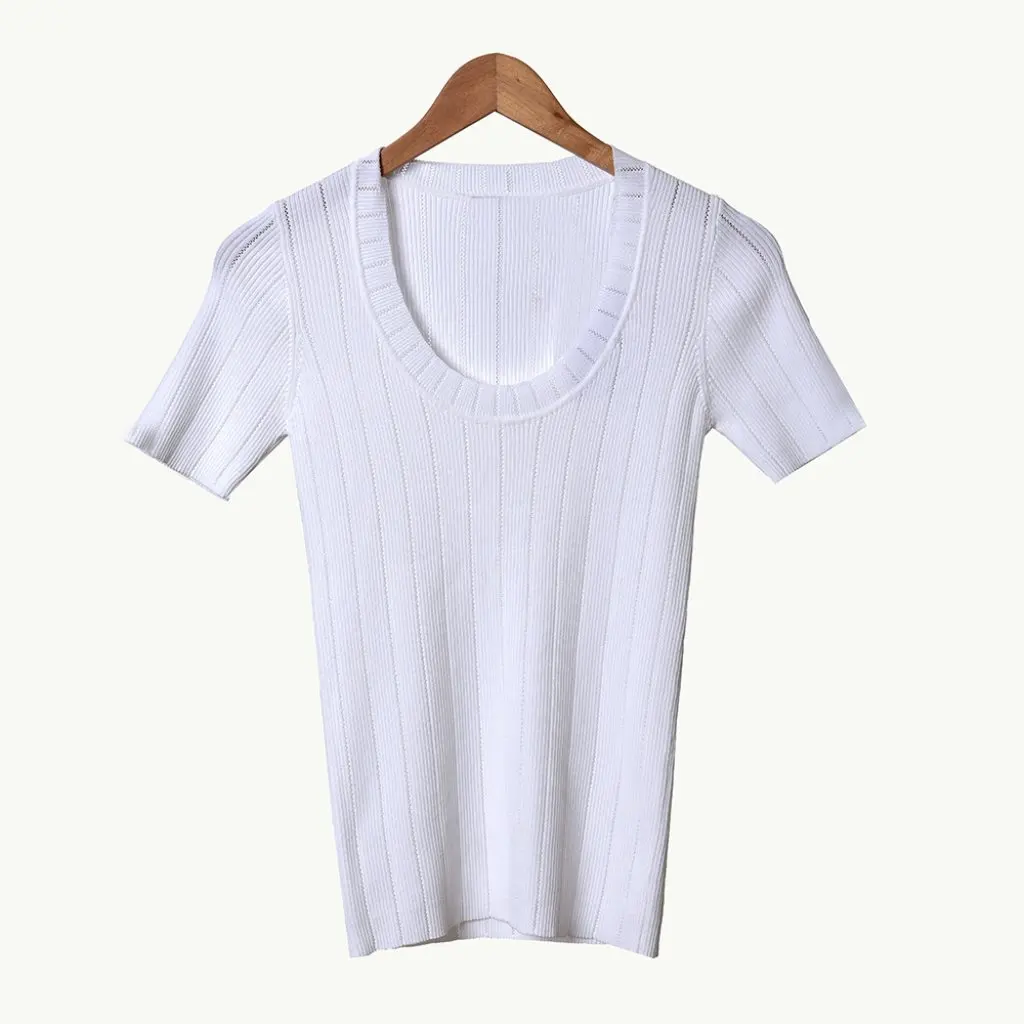 

Women's Slim Fit Knitted Top round Neck Short Sleeve Versatile Stretchy Clear Goods Spring Summer New Arrival S Family