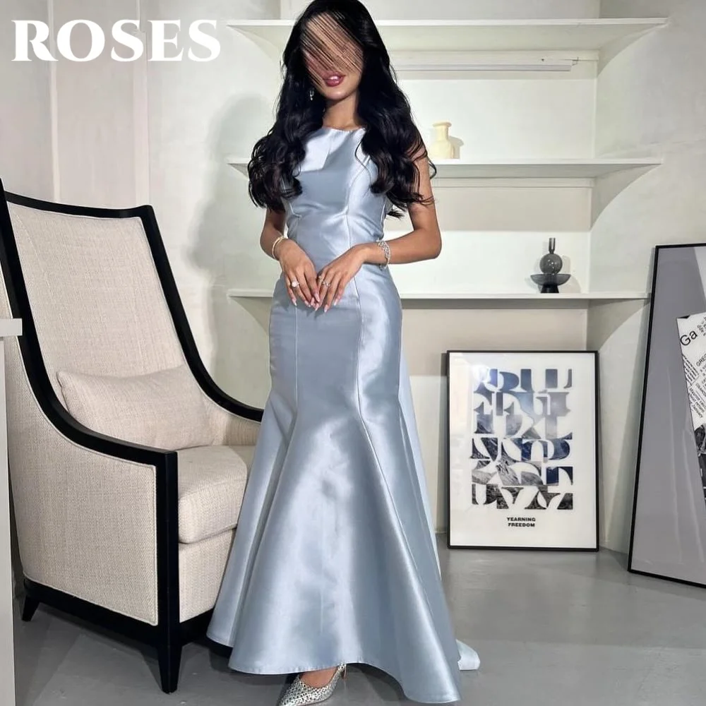 

ROSES Dusty Blue Trumpet Formal Dresses Stain O-Neck Party Dress Saudi Arabia Tank Pleats Occasion Dress فستان سهرة Cus