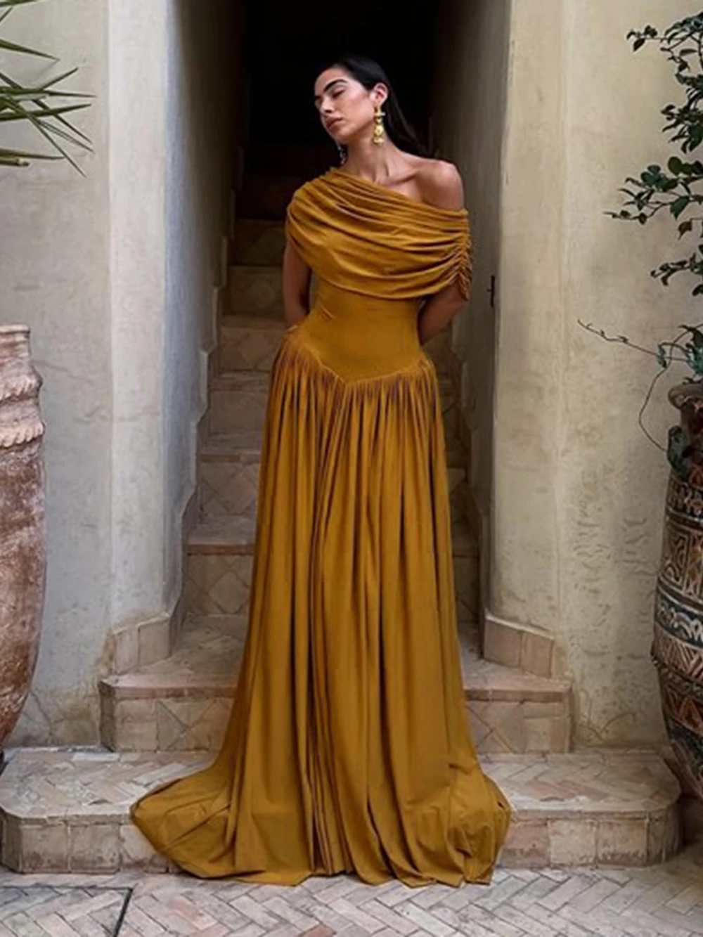Modphy Women Solid Sleeveless Slanted Collar Party High Waist Pleats Long Dress Lady Elegant One Shoulder Slim Banquet Dress