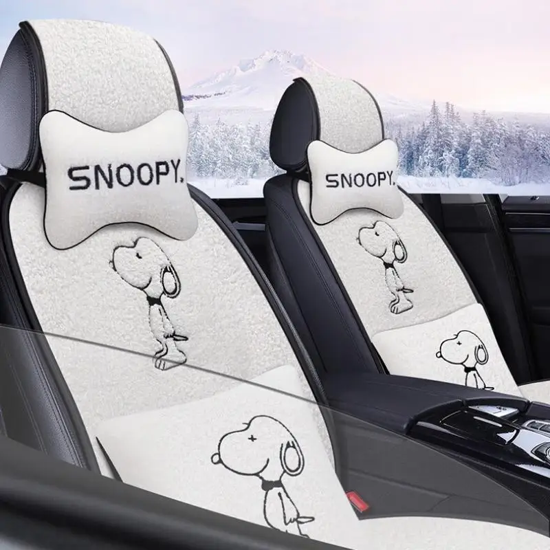 Snoopy Cartoon Embroidered Lamb Fleece Seat Cushion Headrest Lumbar Cushion Kawaii Anime Car Seat Cover Three-Piece Set Gifts