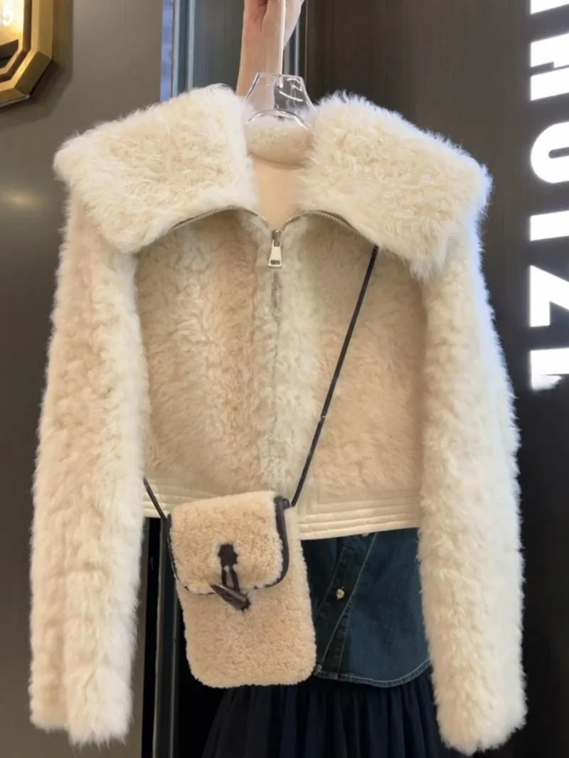 Giacca con risvolto in pile di lana di agnello Ropa Mujer cappotto con Zip Vintage felpe con cappuccio da donna felpe Casual Y2k abbigliamento