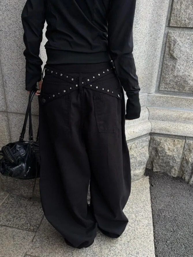 Korean Style Casual Loose Wide Leg Jeans Backside Beaded Cross High Waist Denim Pants Women's Premium Fashion Spring Autumn