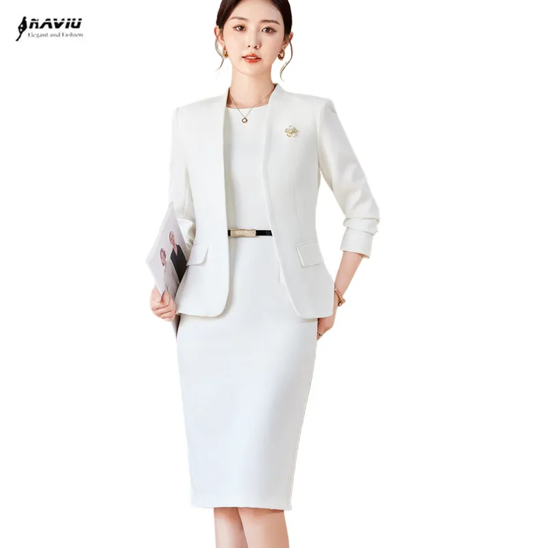 NAVIU Two Piece Dress Suits For Women Long Sleeve Solid Slim Fit Fashionable Momochromatic New Office Ladies Work Wear White