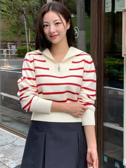 

Chic Vintage Navy Collar f Zip Soft Cozy Long Sve Striped Knitwear Women's Slimming Versatile Spring Commute Sle