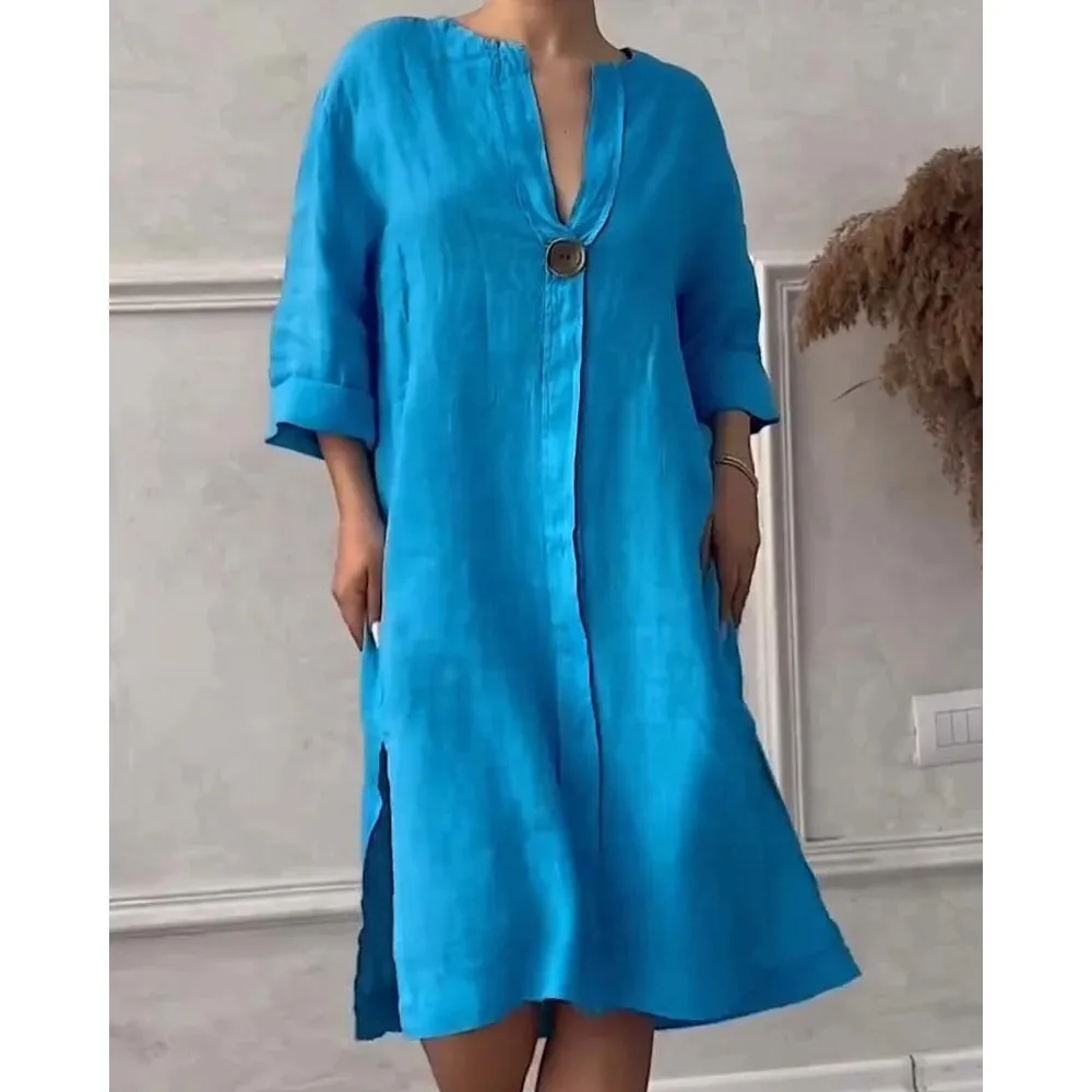 Loose V-neck Two Side Slit Pullover Dress 2024 Women\'s New Cotton And Linen Solid Color Casual Long-Sleeved Button Maxi Dress