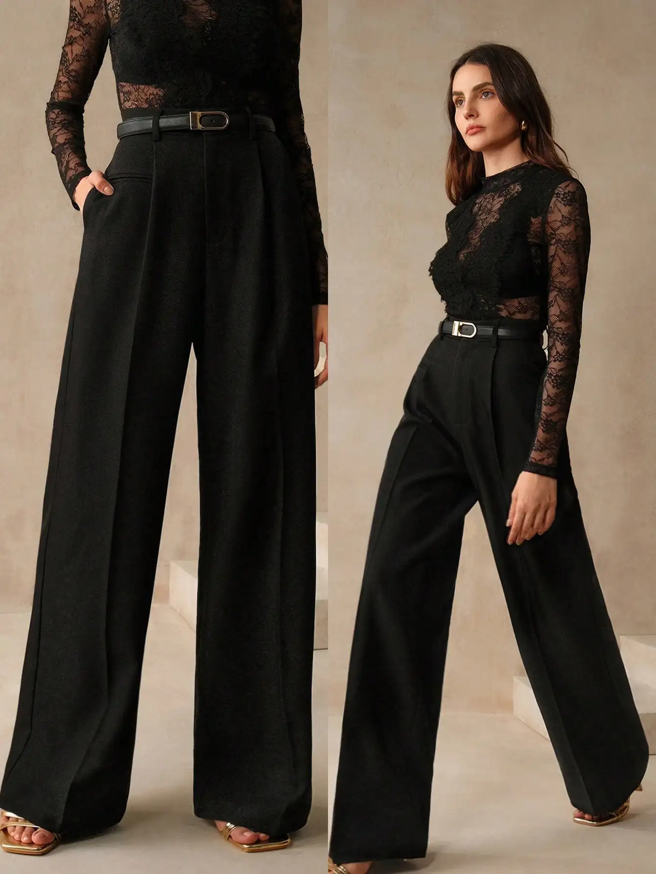

Black Wide Leg High Waist Trousers with Belt for Women