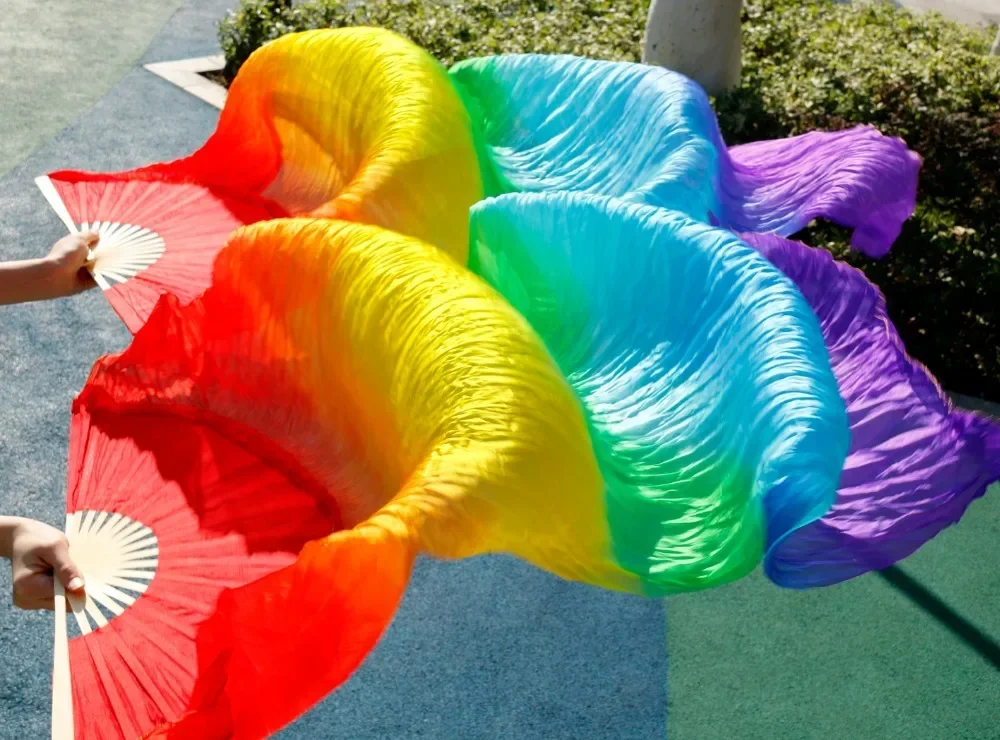 2018 heißer Verkauf Frauen echte Seide Bauchtanz Fan Schleier von Bauchtanz Fans Regenbogen farbe (2 stücke)