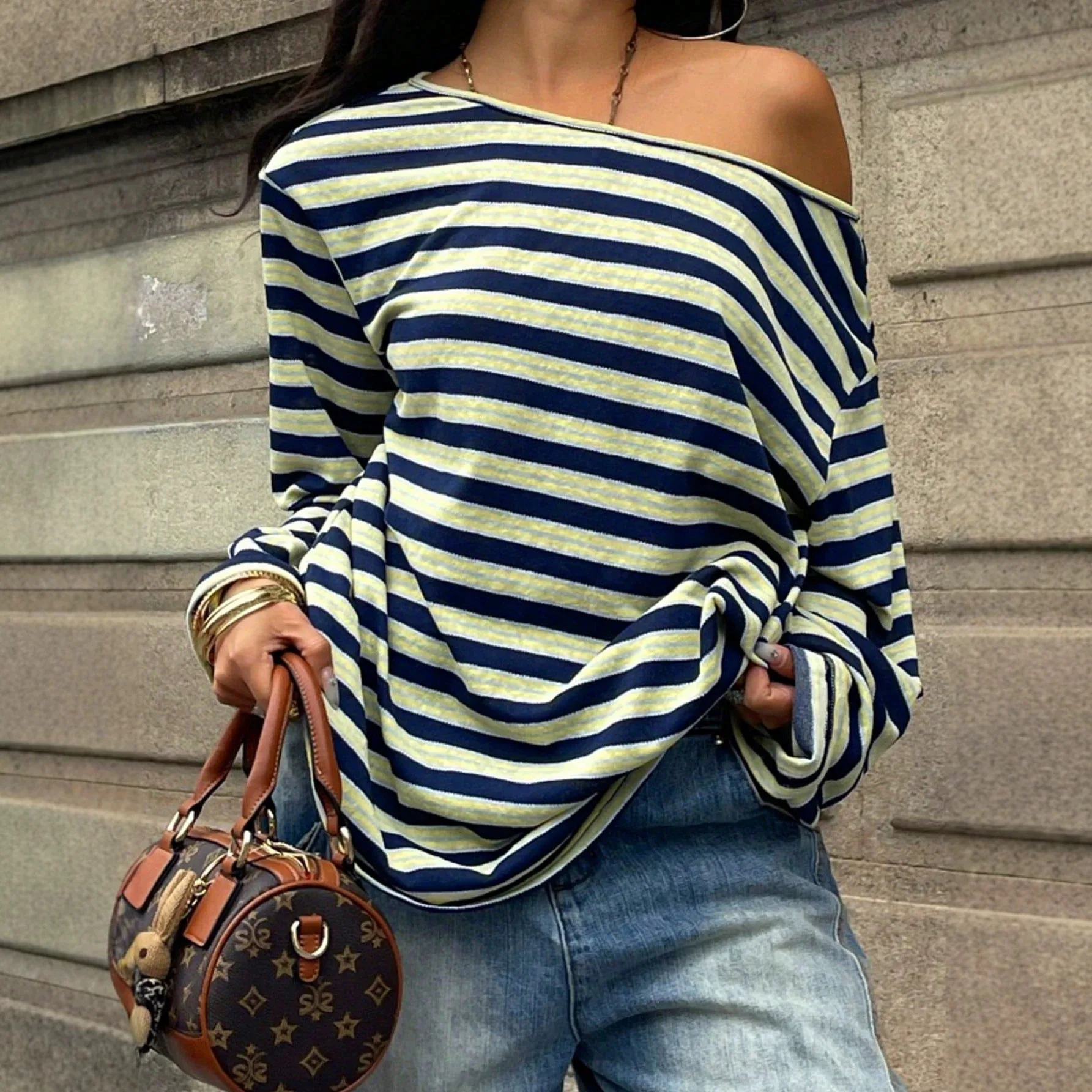 Blouse Off Shoulder - Modne patchworkowe bluzki w paski z
