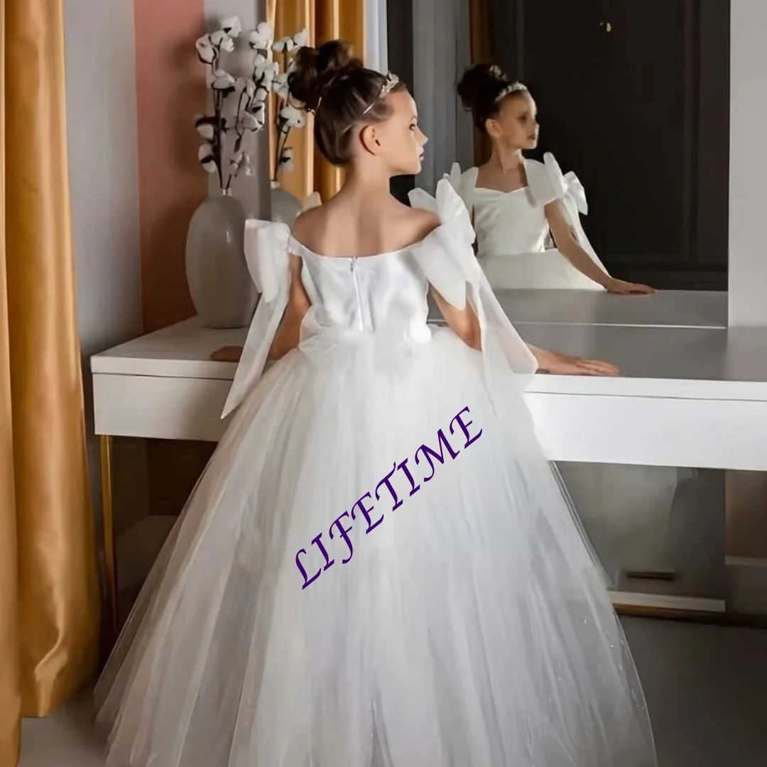 

Платья с открытыми плечами для девочек-цветочниц на свадьбу 2026, детское тюлевое платье принцессы для первого причастия с бантом, индивидуальная часть по индивидуальному заказу