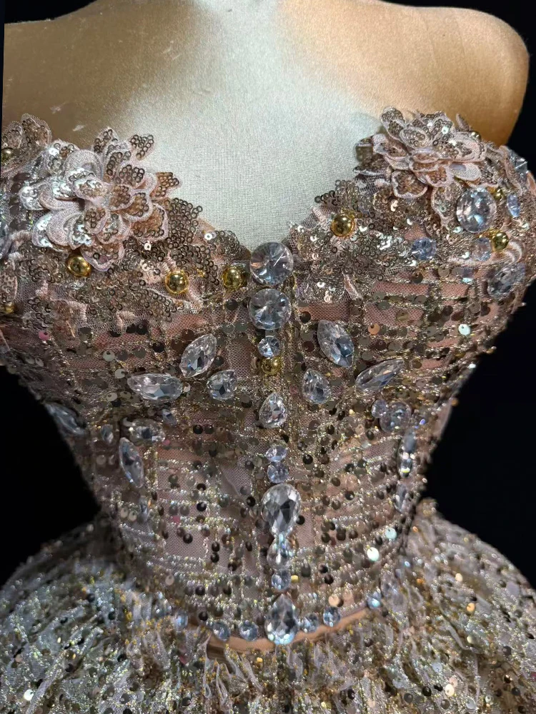 design Sequines crystal costume for women sliver Party Prom strapless mini skirt 2 pcs sets dance birthday nightclub performance