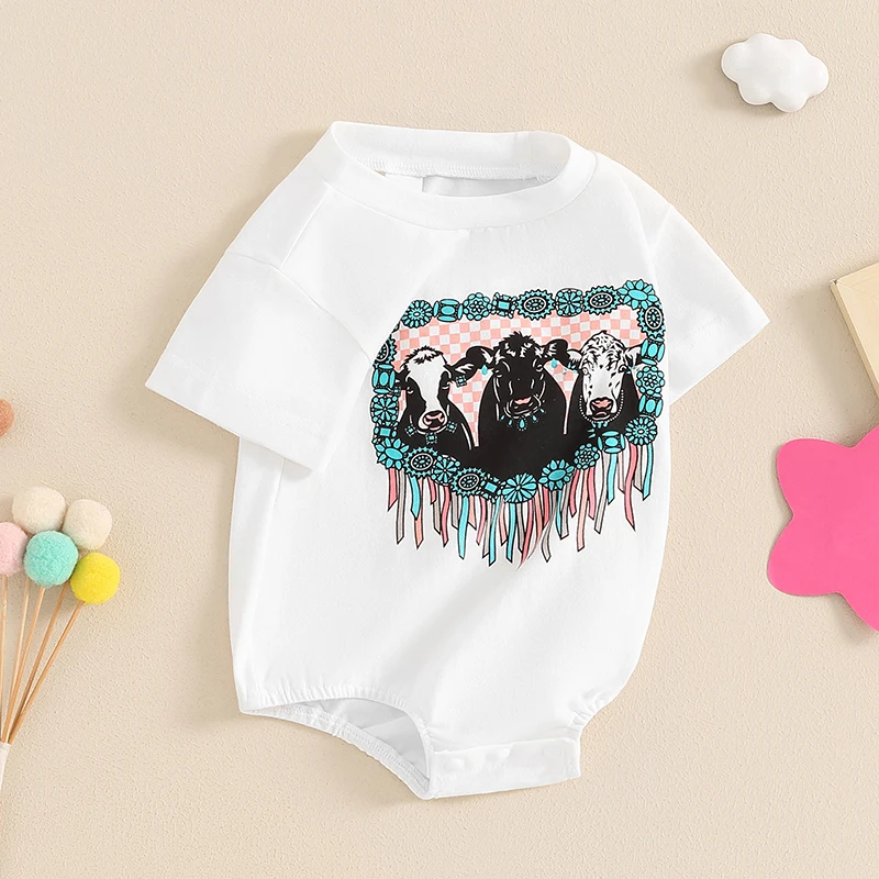 Newborn Baby Girl Summer Clothes Cow Romper Country Farm Short Sleeve Western Bodysuit Jumpsuit Animal Outfits