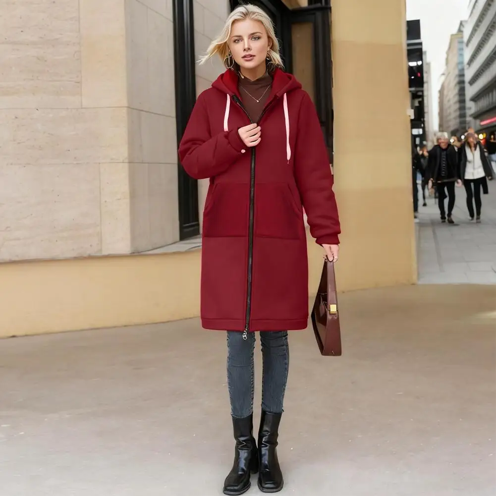 Sudaderas con capucha holgadas con cremallera para mujer, Túnica larga de lana de gran tamaño, Sudadera con capucha, abrigo con cordón y bolsillos para otoño e invierno