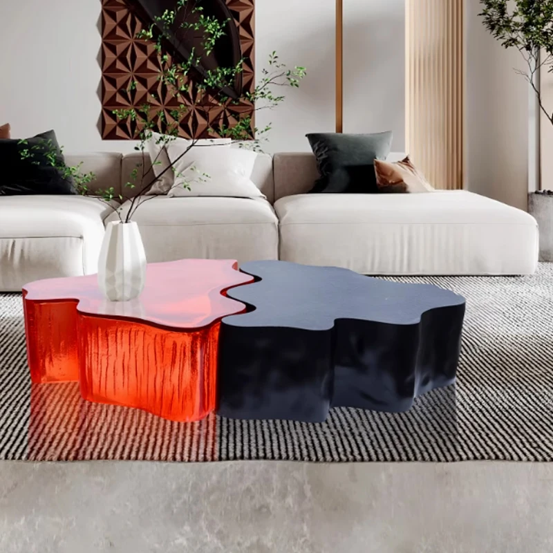 Modern puzzle center table, red and black simple side table, wavy design living room furniture coffee table