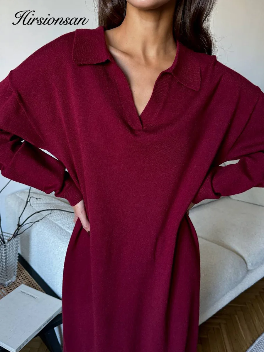 Hirsionsan Długa Sukienka Swetrowa z Golfem na Jesień i Zimę, Luźna, Damska, Miękka, Elegancka, Dzianinowa Sukienka w Jednolitym Kolorze, Nowa Kolekcja Damska 2025
