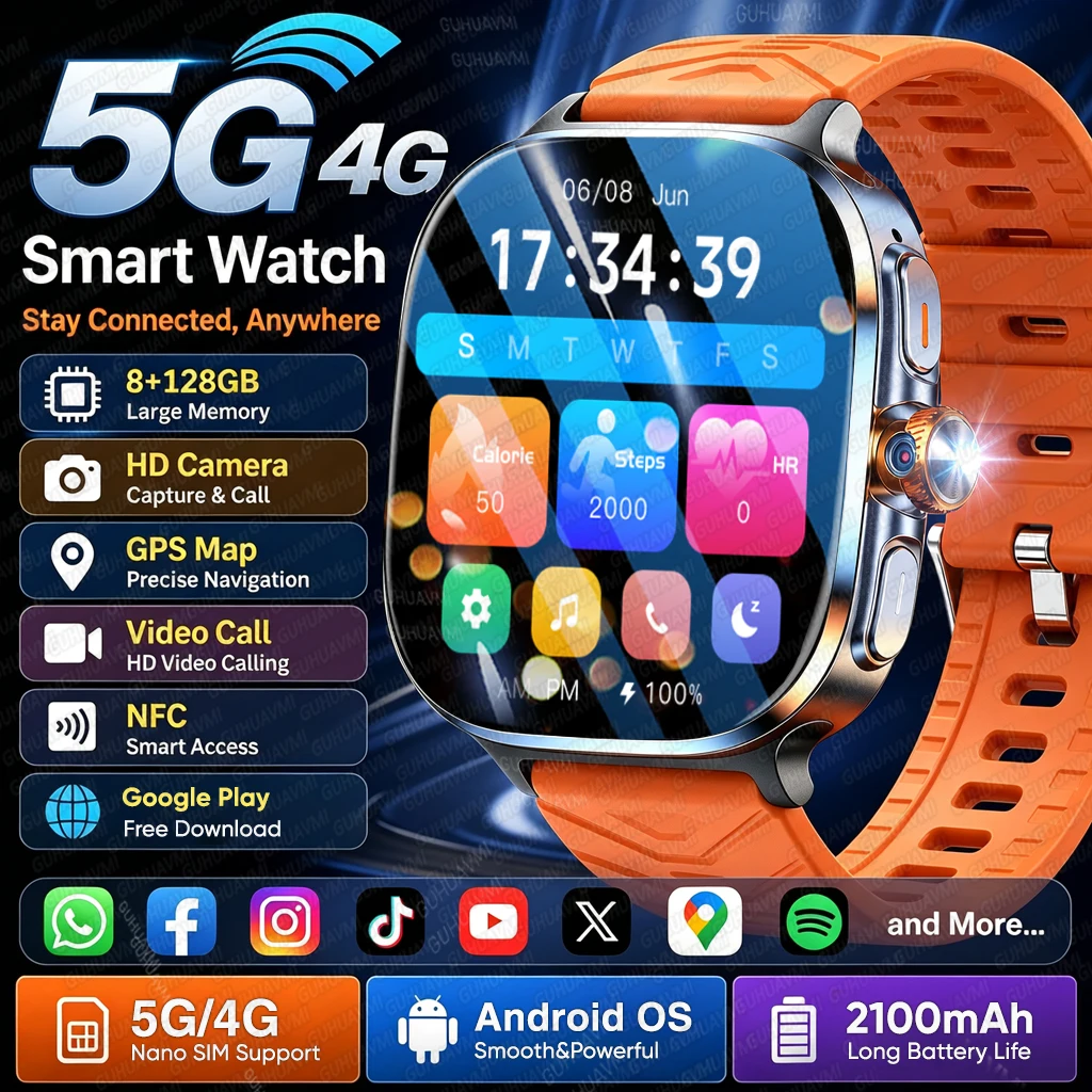 2026 5G/4G All-Network SIM Smart Watch 2.4" AMOLED Screen 8GB+128GB RAM 1000W Camera GPS WIFI Google Play Video Call Smartwatch