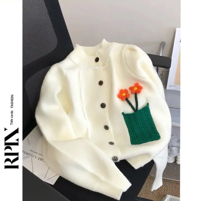 

Осенний свежий короткий свитер с вышивкой, пальто, женская новая свободная верхняя одежда с аппликацией, вязаный кардиган, женский кардиган