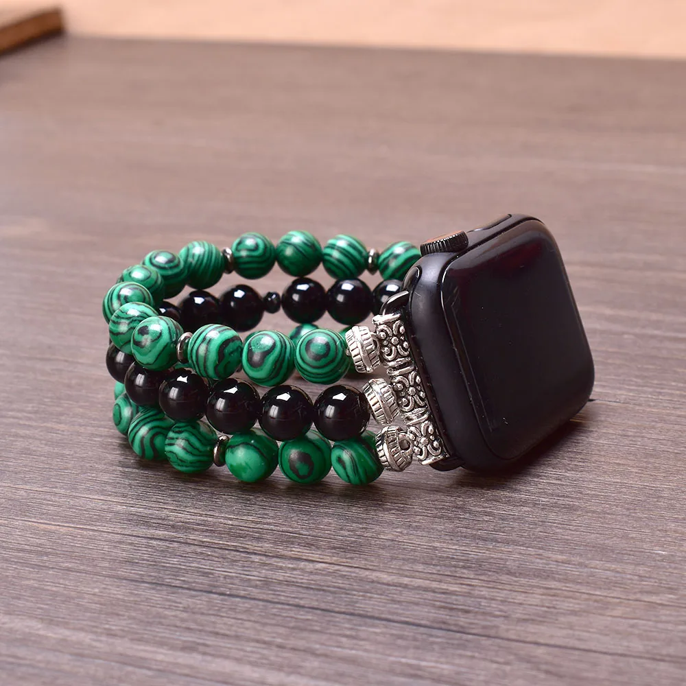 Malachite Black Agate Apple Watch Band 38mm 40mm 41mm 42mm 44mm 45mm Stone Beaded Bracelet Strap for Women Iwatch Series 1-SE