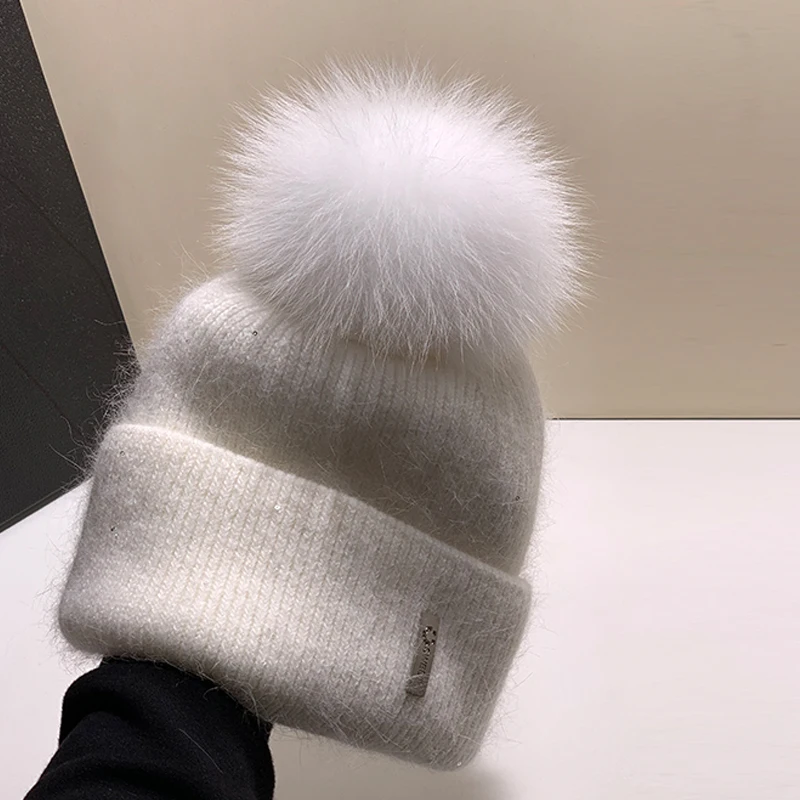 Winter real fox Fur Pompom Hats angola Beanie for Women Knitted Hats Outdoor Thick Warm Hat Casual Fashion Cap Solid color