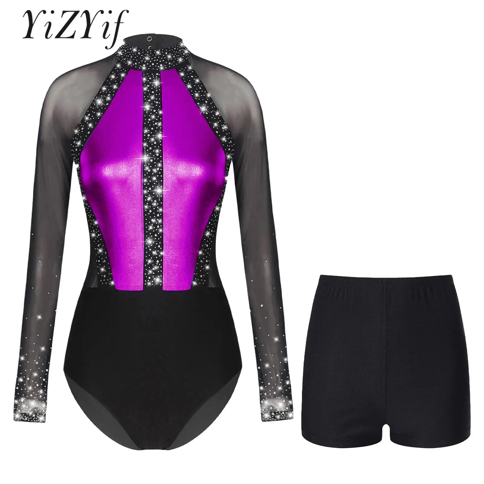 Women 2pcs Contemporary Performance Dancewear Gymnastics Athletic Activewear Figure Skating Outift Patchwork Leotard with Shorts