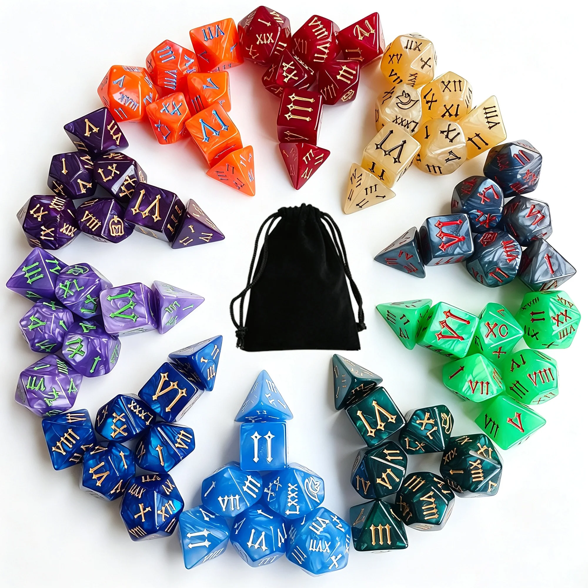 7pcs New Roman Numeral DND Dice Pearly Luster Polyhedral Dados Counter Dices for MTG D&D RPG Dado Dice Set with Storage Bag