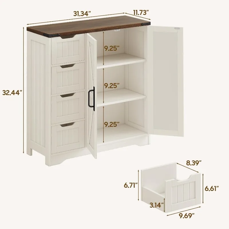 خزانة حمام المزرعة، خزانة تخزين قائمة بذاتها مع 4 أدراج وبابين، منظم تخزين ريفي مع أدوات