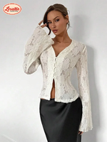 Solid Lace Slim Fit Short Shirts Women Chic Flare Full Sleeve V-neck Single Breasted Slit Tops 2025 New Fashion High Street Wear