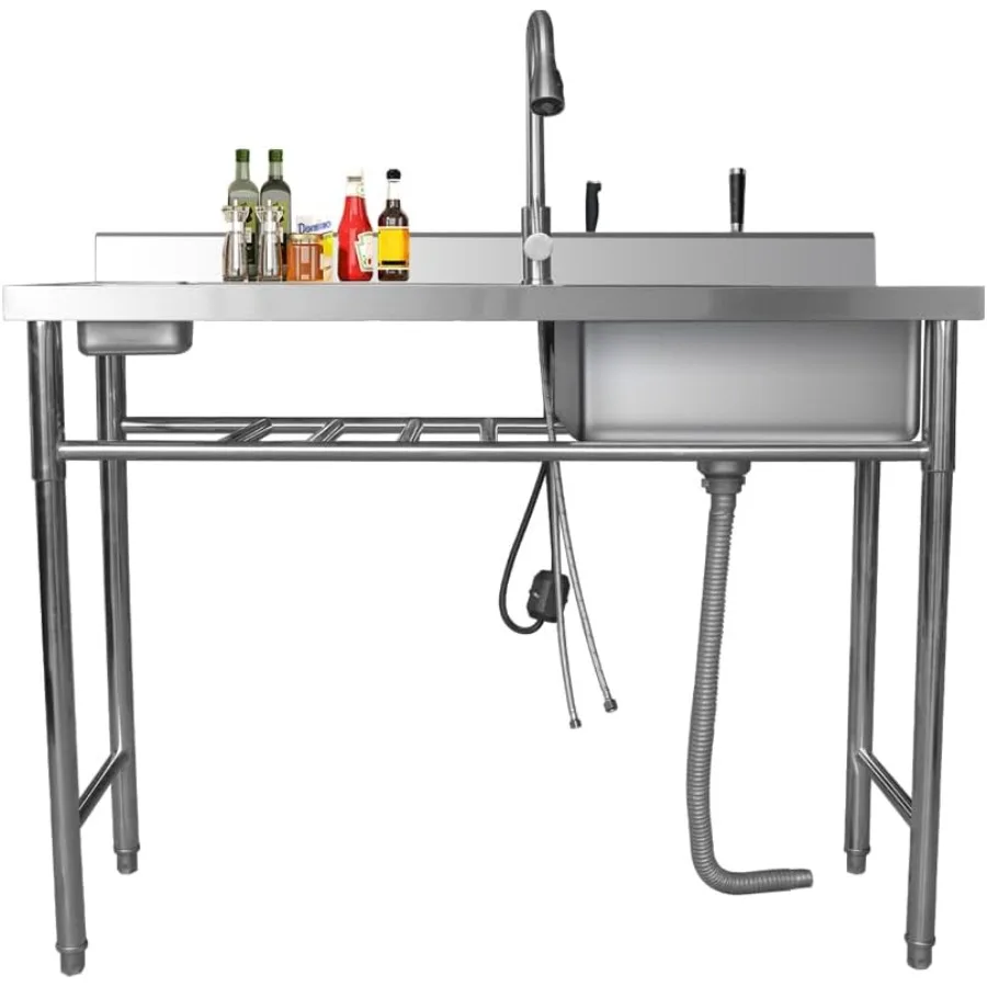 

304 Stainless Steel Utility Sink with Faucet Free Standing Single Bowl Left Kitchen Sink with Workbench Small Storage Box for H
