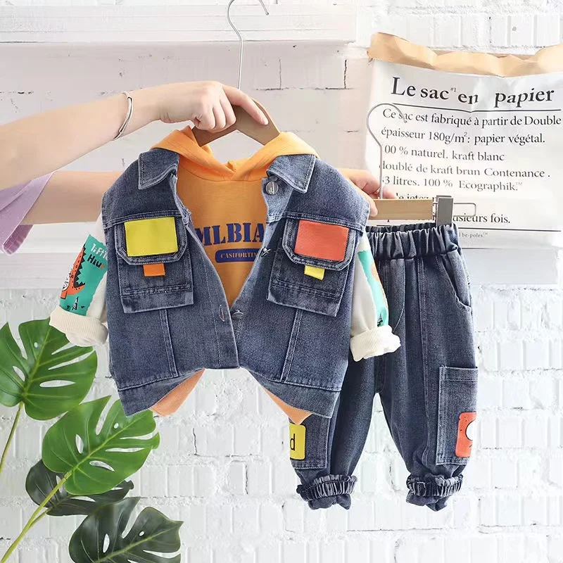 Children Boys Solid Denim Pants Suit Autumn Elastic Waist Boys Jeans hoodies vest Sets Young Kids Boys Casual 3pcs